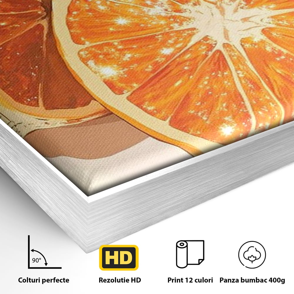 Detaliu al suprafetei: ilustratie digitala cu felii de portocala si globuri disco, in rama de aluminiu argintiu